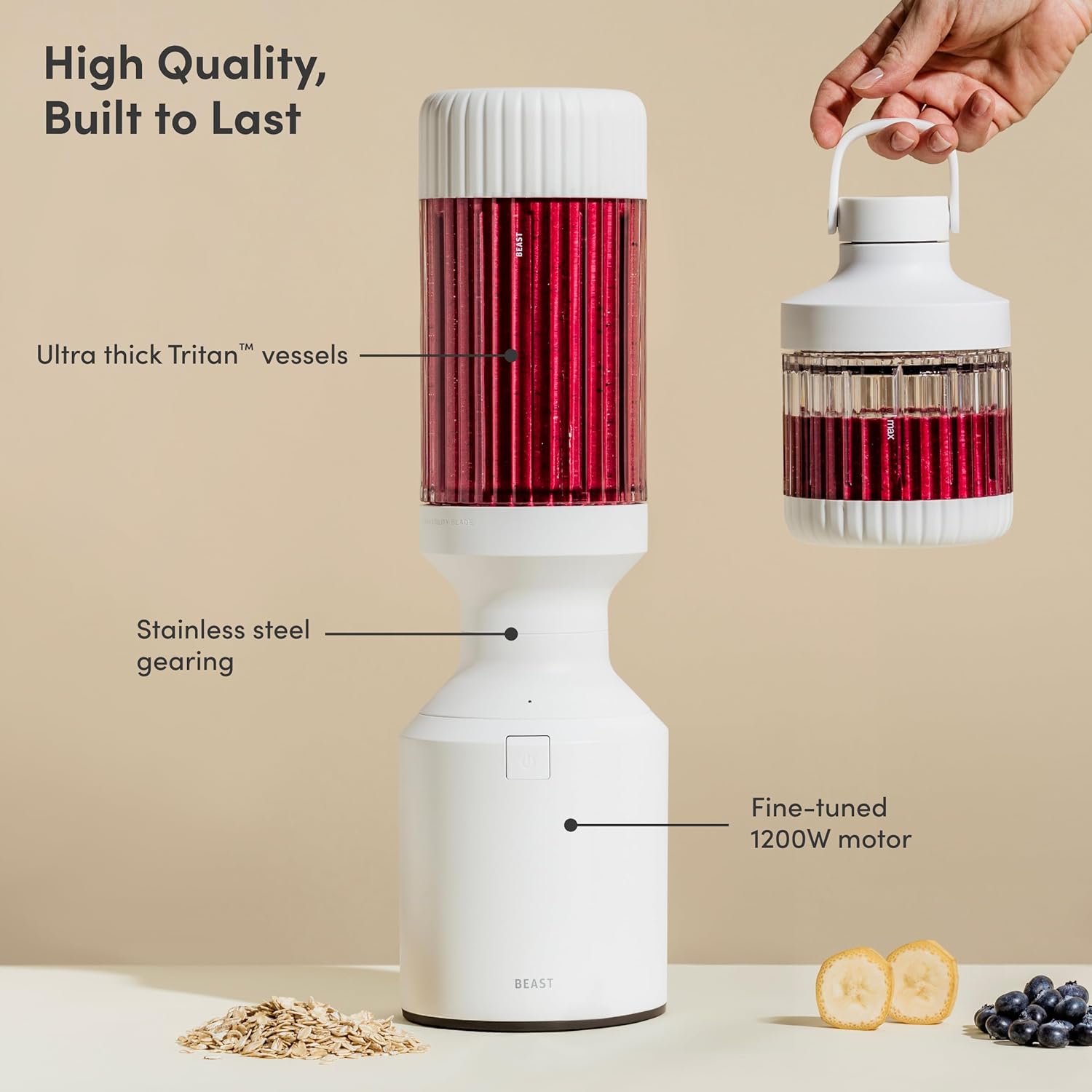 Beast Mega 1200 Plus | Premium Countertop Blender | Smoothies, Shakes, Sauces, Dips, Soups | Blends Ice and Frozen Fruit | XL Vessel | With Extra Vessels, Straw System | 1200W | (Cloud White, 120V)