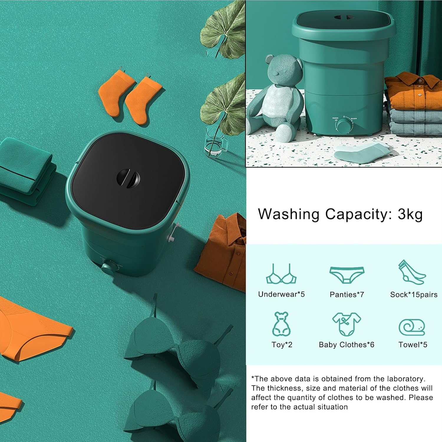 THAMBA 24L Large Capacity Mini Portable Folding Washing Machine, Sales are far Ahead Suitable for Any Occasion Small Washing Machine (Color : Green)