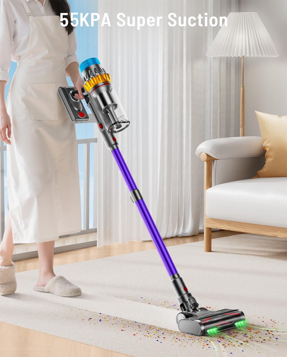 Cordless Vacuum Cleaner, 55KPA 70Min 650W Motor Powerful Vacuum Cleaners for Home, Self-Stand Cordless Stick Vacuum Rechargeable Anti-Tangle/LED Screen/1.8L Cup for Home Pet Hair/Carpet/Hardwood Floor