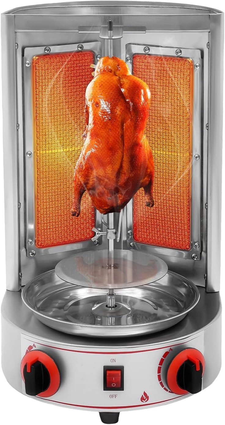 3000W Shawarma Machine Doner Kebab Grill, 110V Vertical Gyro Gas Grill Rotisserie Machine, Stainless Steel Spinning Broiler Machine with 2 Burners for Kitchen Restaurant Dinner Camping