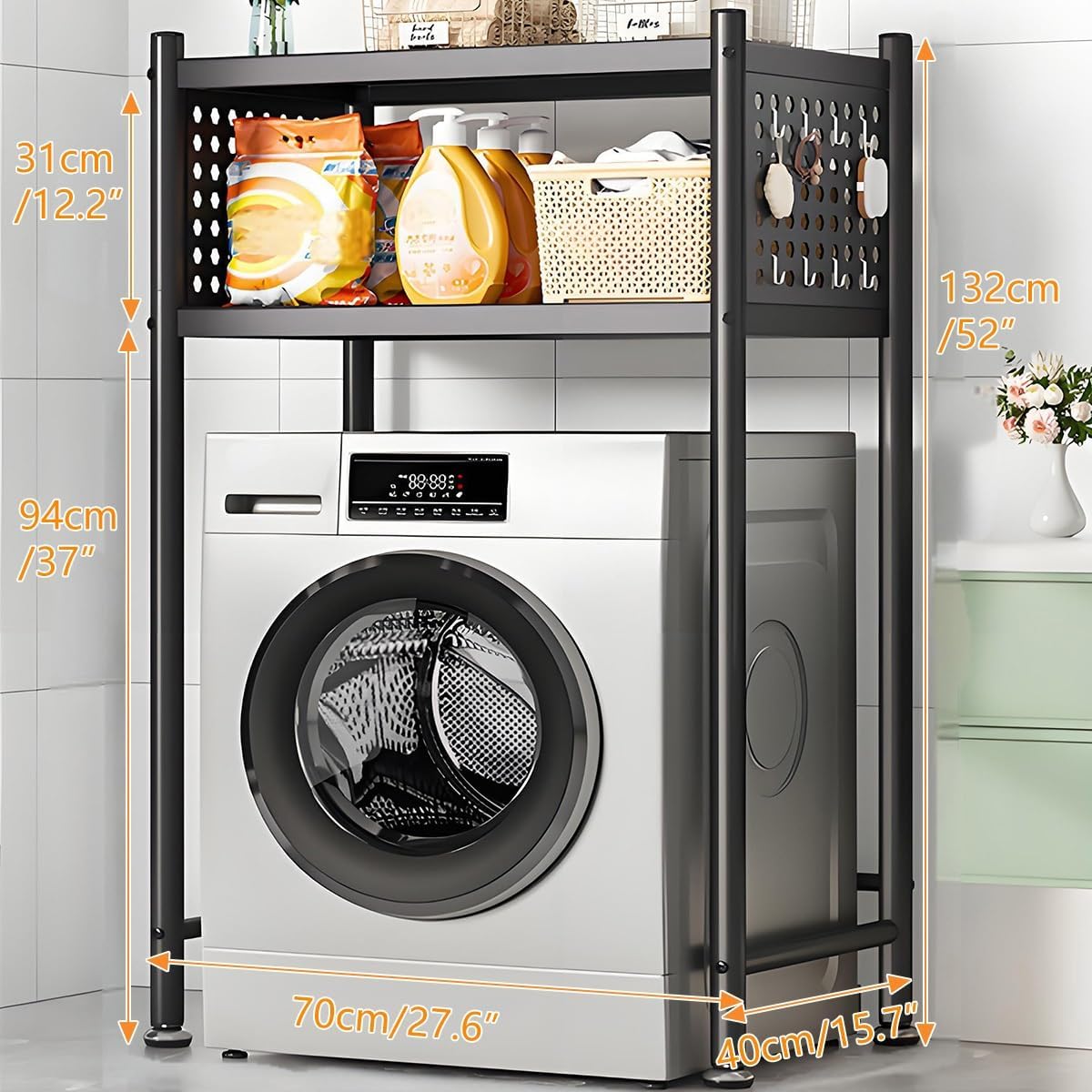 3 Tiers Over Washer and Dryer Shelves, Steel Washer-Dryer Stacking Rack Stand with Wheels, All Steel Laundry Room Organizer Standing Shelf with Perforated Board for Bathrooms, Bedroom, Balcony(Black,7