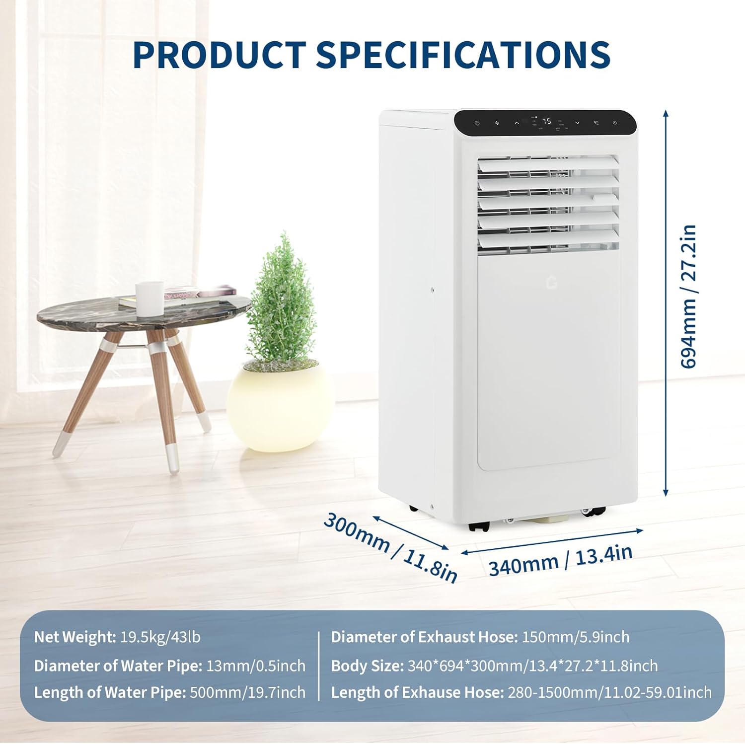 10000 BTU Portable Air Conditioner with Remote Control - 3-In-1 Quiet AC Unit, Dehumidifier & Fan for 350 Sq.Ft Rooms. Includes Window Kit, 24H Timer & Sleep Mode