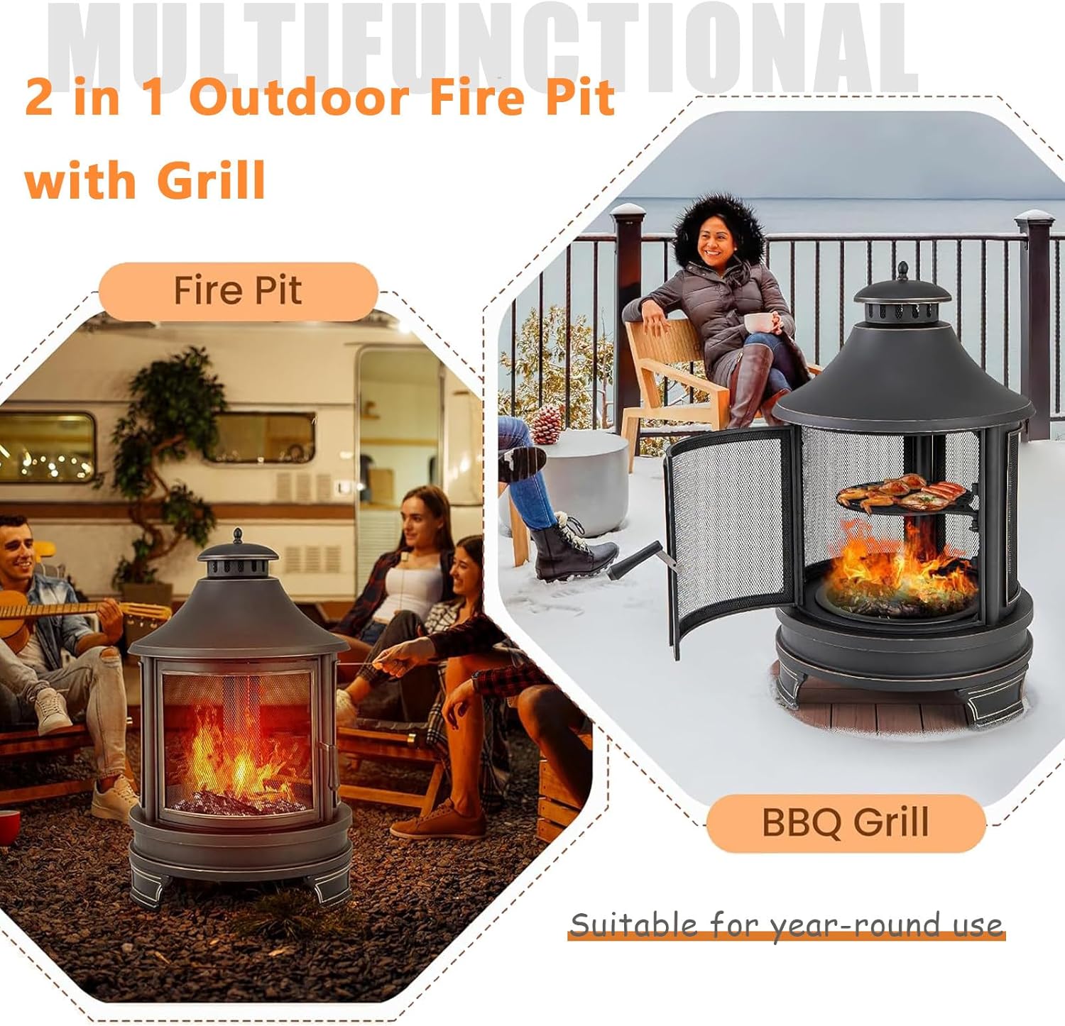 2 in 1 Fire Pit for Outdoor, Wood Burning Fire Pit & Metal Chiminea Fireplaces with Spark Screen Doors & Grill Grate, for Outside Patio Garden Backyard Bonfire Party