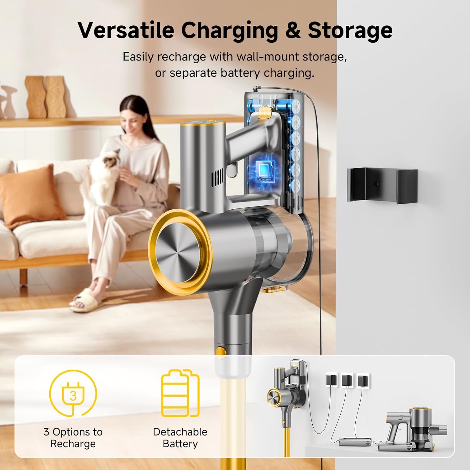 KIKETECH Cordless Vacuum Cleaner with Self-Standing, Lightweight Powerful Suction Vacuum,LED Screen Stick Vacuum Cleaners for Home, for Pet Hair, Carpets, Hardwood Floors (Gold)