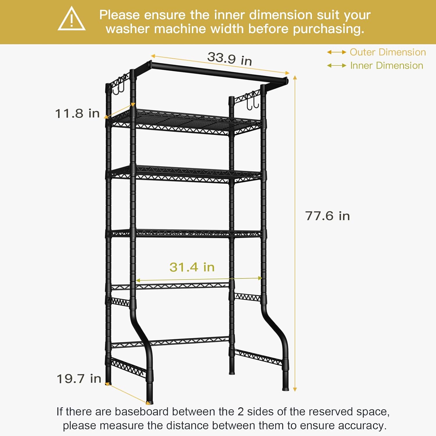 Ulif U11 Over Washer and Dryer Shelves, 3 Tiers Laundry Room Storage and Organizer Standing Shelf, Metal Freestanding Clothes Drying Rack, 33.9