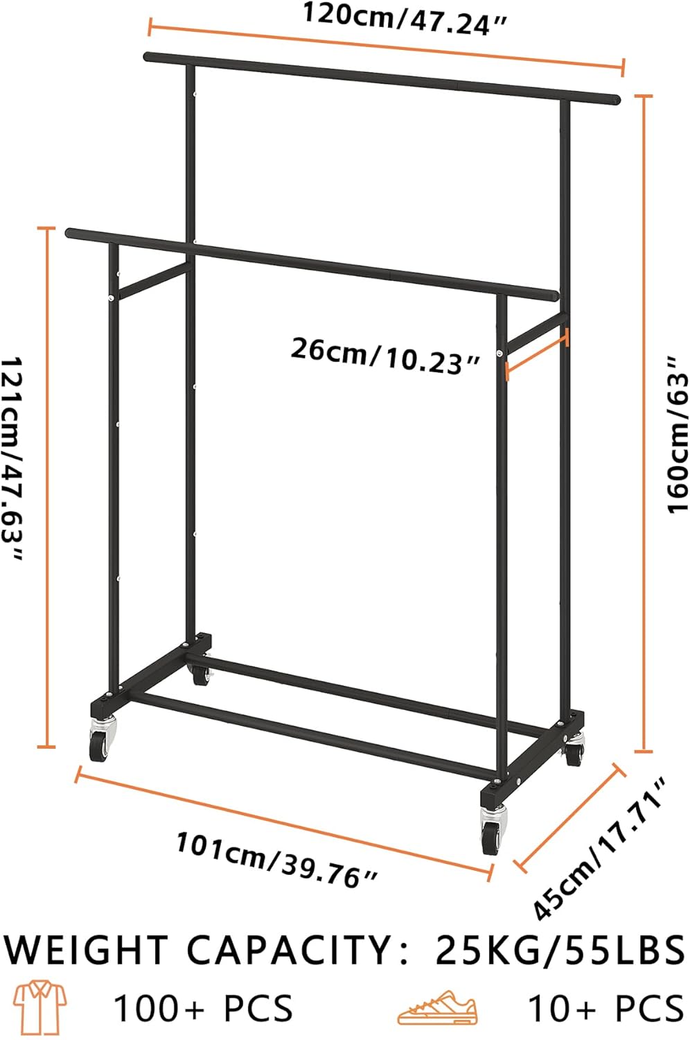 Calmootey Double Rod Clothing Garment Rack,Rolling Hanging Clothes Rack,Portable Clothes Organizer for Bedroom,Living Room,Clothing Store,Black