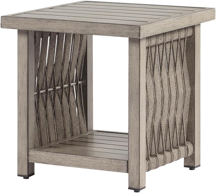 Outdoor Side Table, Aluminum Square Patio Side Table, 2-Tier Rope Weave Outdoor End Table with Adjustable Legs, Outside Furniture Patio Table for Garden, Pool, Balcony, Decks, Gray Oak