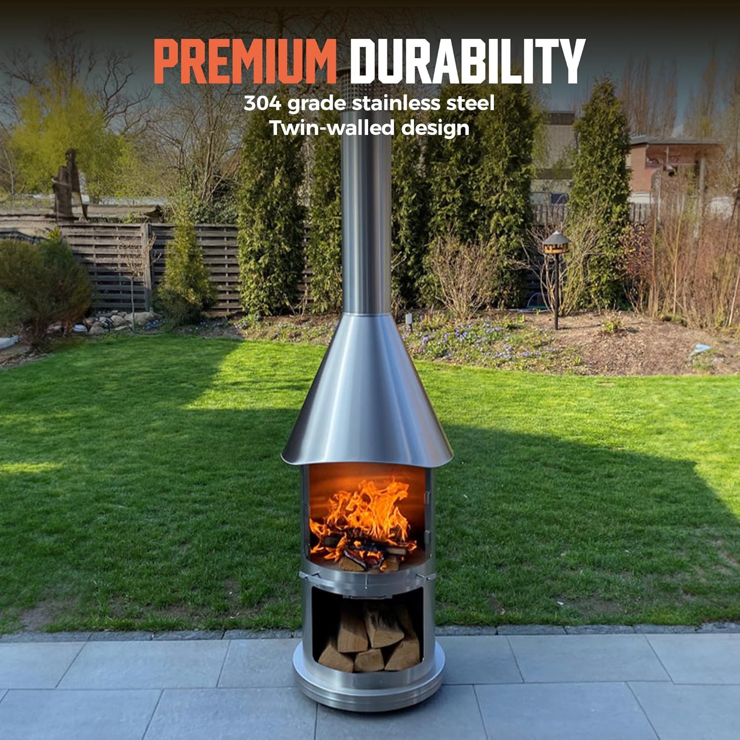 Twin-Walled Chimenea, Modern Stainless Steel Chimenea Fireplace with Wood Storage and Chimney, Outdoor Wood Burning Chiminea with Grill and Spark Screen for Patio and Backyard, 90.6” H