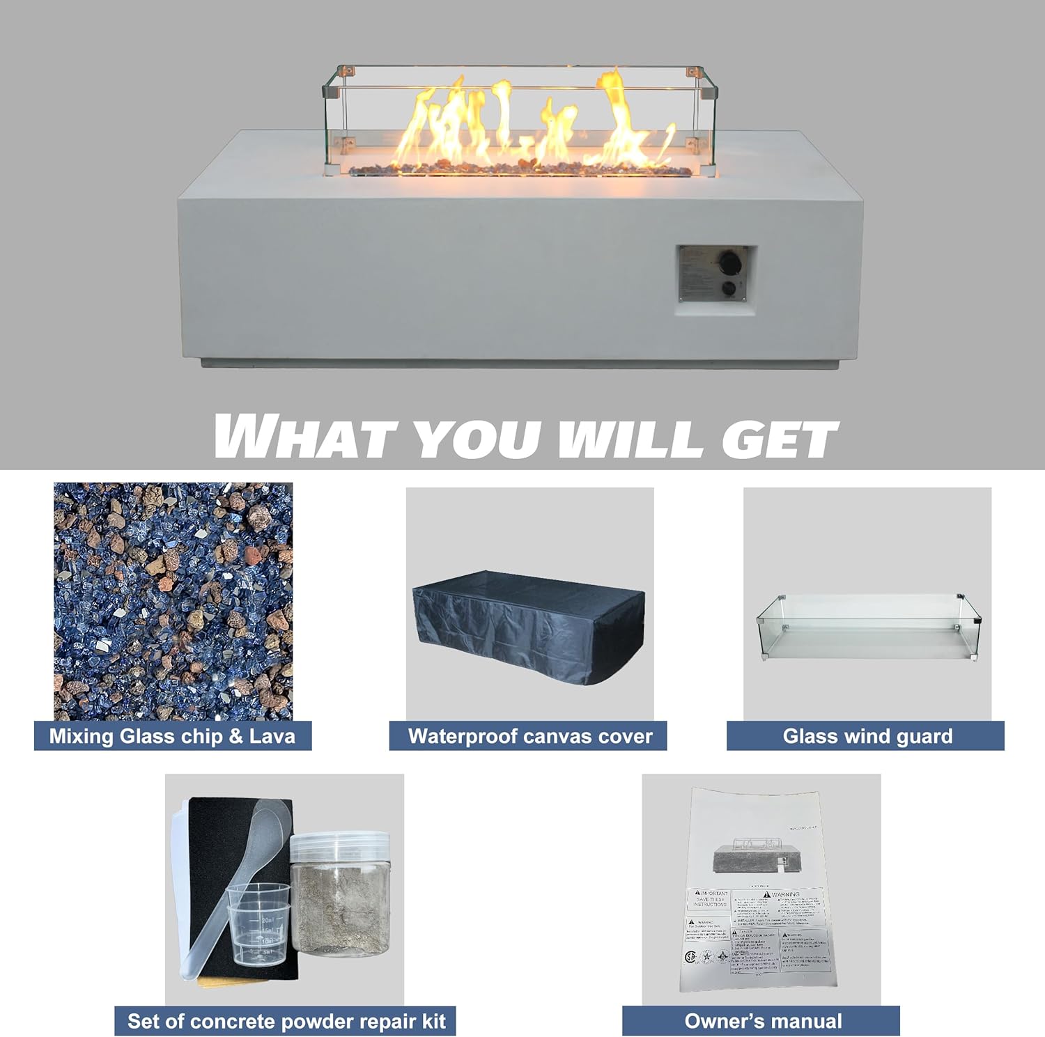 52 Inch Outdoor Concrete Propane Gas Rectangle Fire Pit Table in Antique White Color