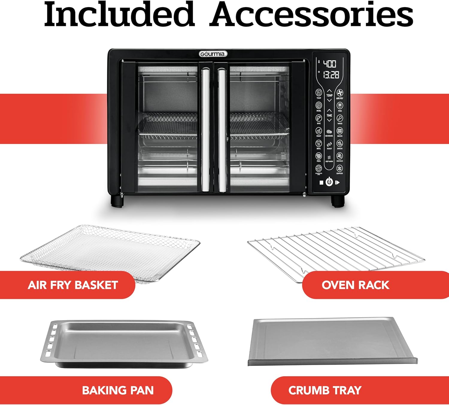 Gourmia Toaster Oven Air Fryer Combo 17 cooking presets 1700W french door digital air fryer oven 24L capacity accessories, convection rack, baking pan tray recipe book GTF7460,Large,Black