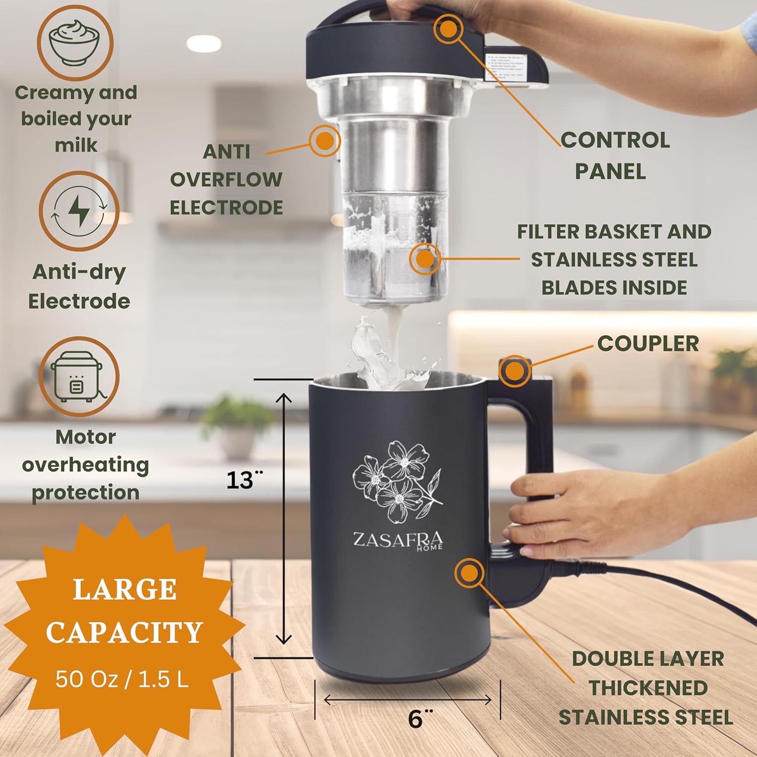 Nut Milk Maker Machine 50oz/1.5L Stainless Steel | 6-7 Cups Per Batch,7-IN-1 Appliance, Almond, Oat & Soy Milk Maker with Built-In Strainer -No Mesh Bags, Creamy Plant-Based Milks, Smoothies & Soups