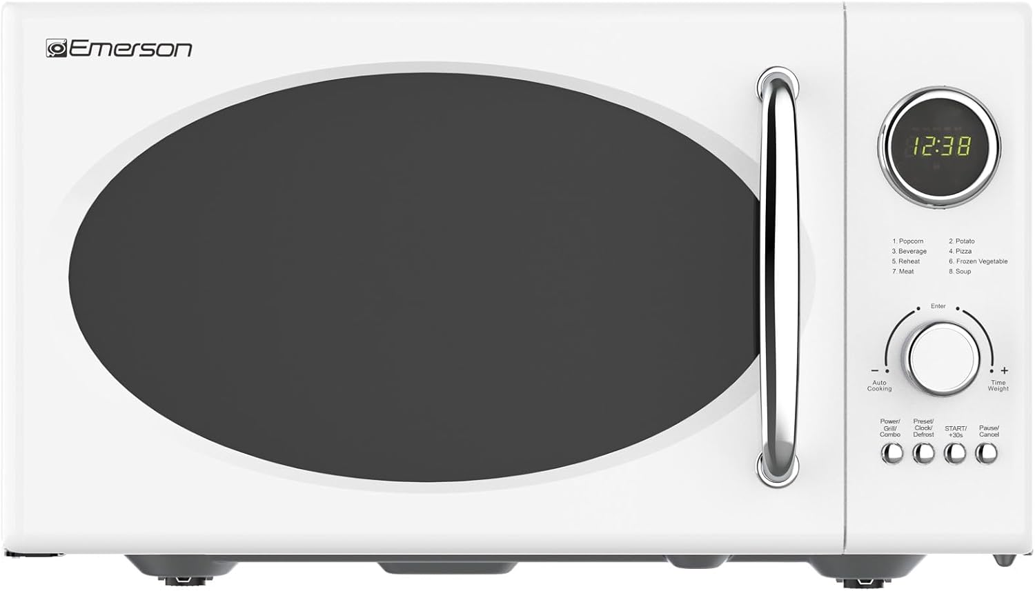 Emerson MWRG0901W 0.9 Cu. Ft. Retro Microwave with 1,000W Grill Function, 800W Cooking Power, LED Display, 5 Power Levels, 8 Auto Menus, Glass Turntable, Child Lock, White Countertop Design