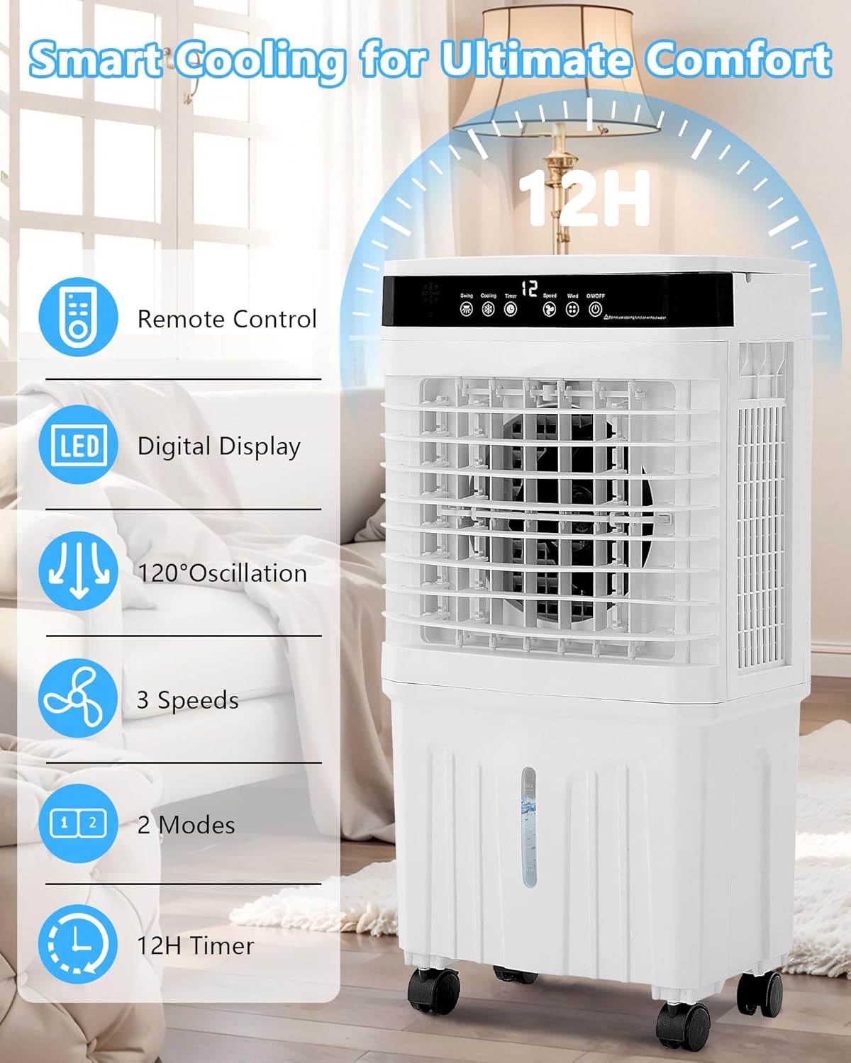 Portable Air Conditioner for Home Office Outdoor, Portable Evaporative Swamp Cooler with 3Gal Water Tank, 120°Oscillation Cooling Fan with Remote 2 Modes, 3 Speeds, 12H Timer & 4 Ice Packs