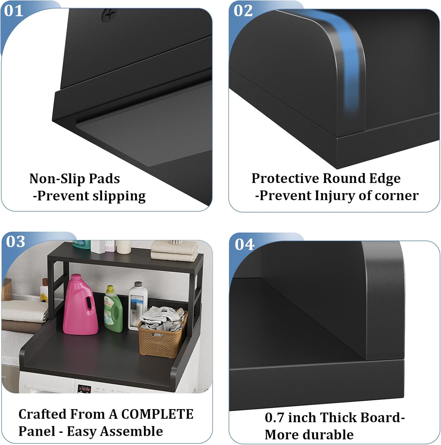 Washer Dryer Countertop, 27.5″Dx 27.5″W x 16.7″H, Non-Slip Pads, Laundry Countertop with Curved Edge, Laundry Room Storage and Organization for Clothes Folding and Sorting(Black)