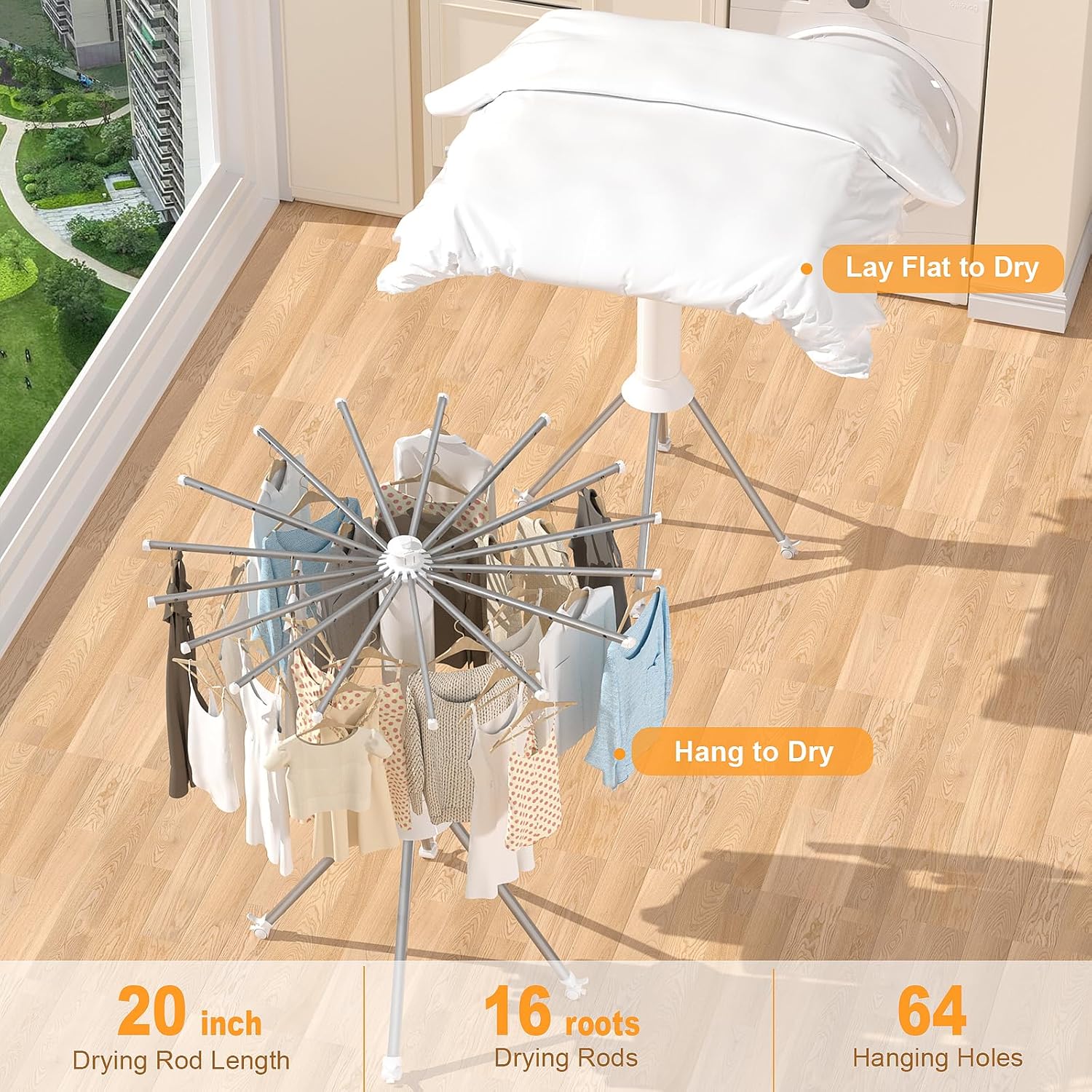 4-Legged Clothes Drying Rack Foldable, Outdoor Collapsible Drying Rack Clothing, Portable Laundry Drying Rack with 4 Pulleys, Aluminum Alloy Dry Rack for Clothes, Indoor, Balcony, Poolside, Camping