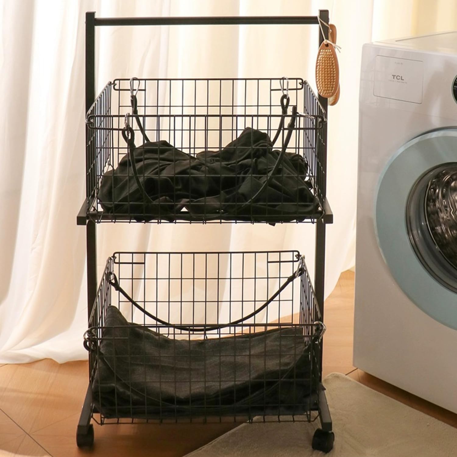 2 Tier Laundry Basket with Wheels & Removable Wire Laundry Cart, Space-Saving Vertical Laundry Sorter Cart on Lockable Wheels, Rolling Hamper Organizer for Laundry Room, Bathroom, Bedroom (Black)