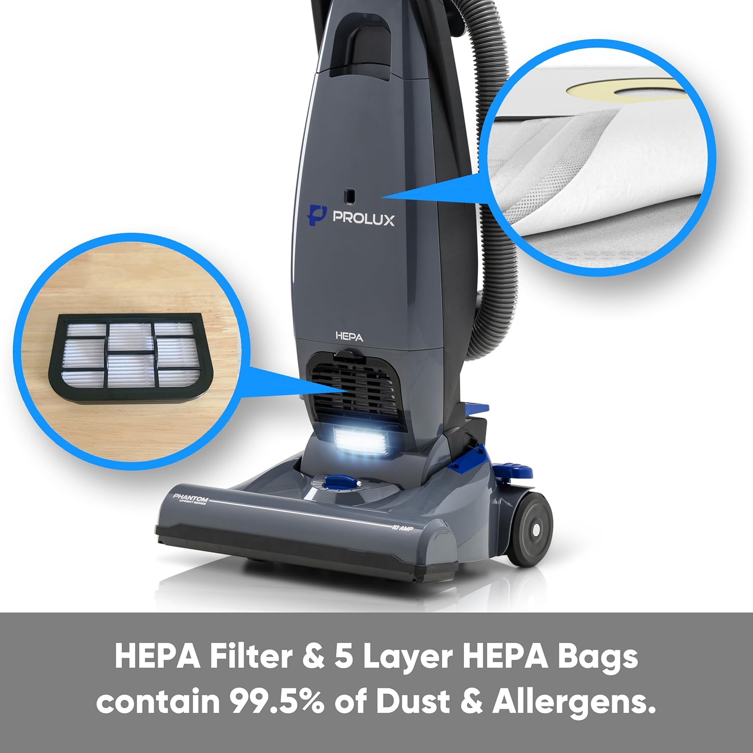 Prolux Phantom Bagged Upright Sealed HEPA Pet Vacuum Cleaner for Home