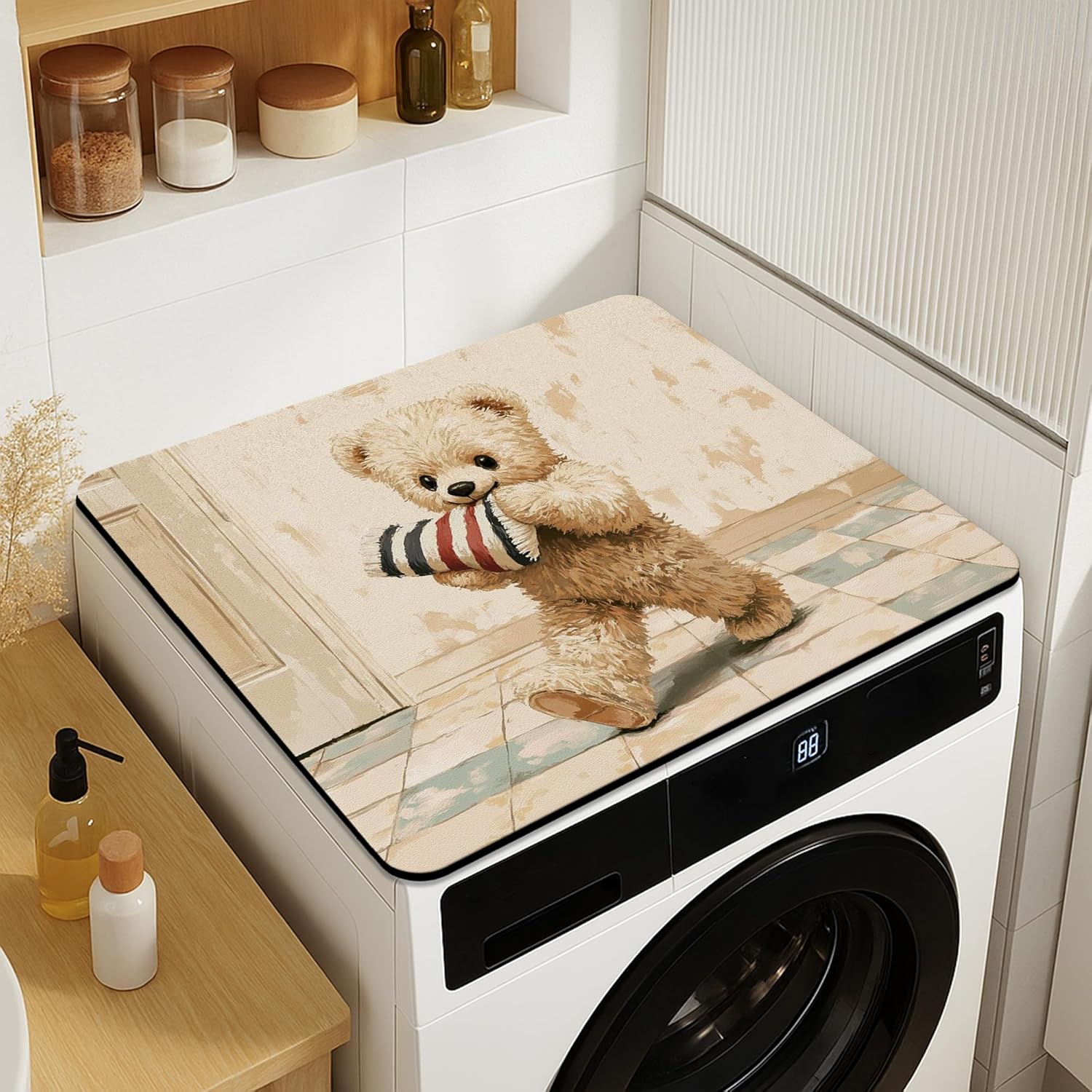 Cute Bear Washer Dryer Top Protector Mat, Vintage Plush Toy Laundry Machine Dust Covers, Winter Holiday Rubber Anti-slip Waterproof Washer And Dryer Mats for Laundry Room 20x24 Inch