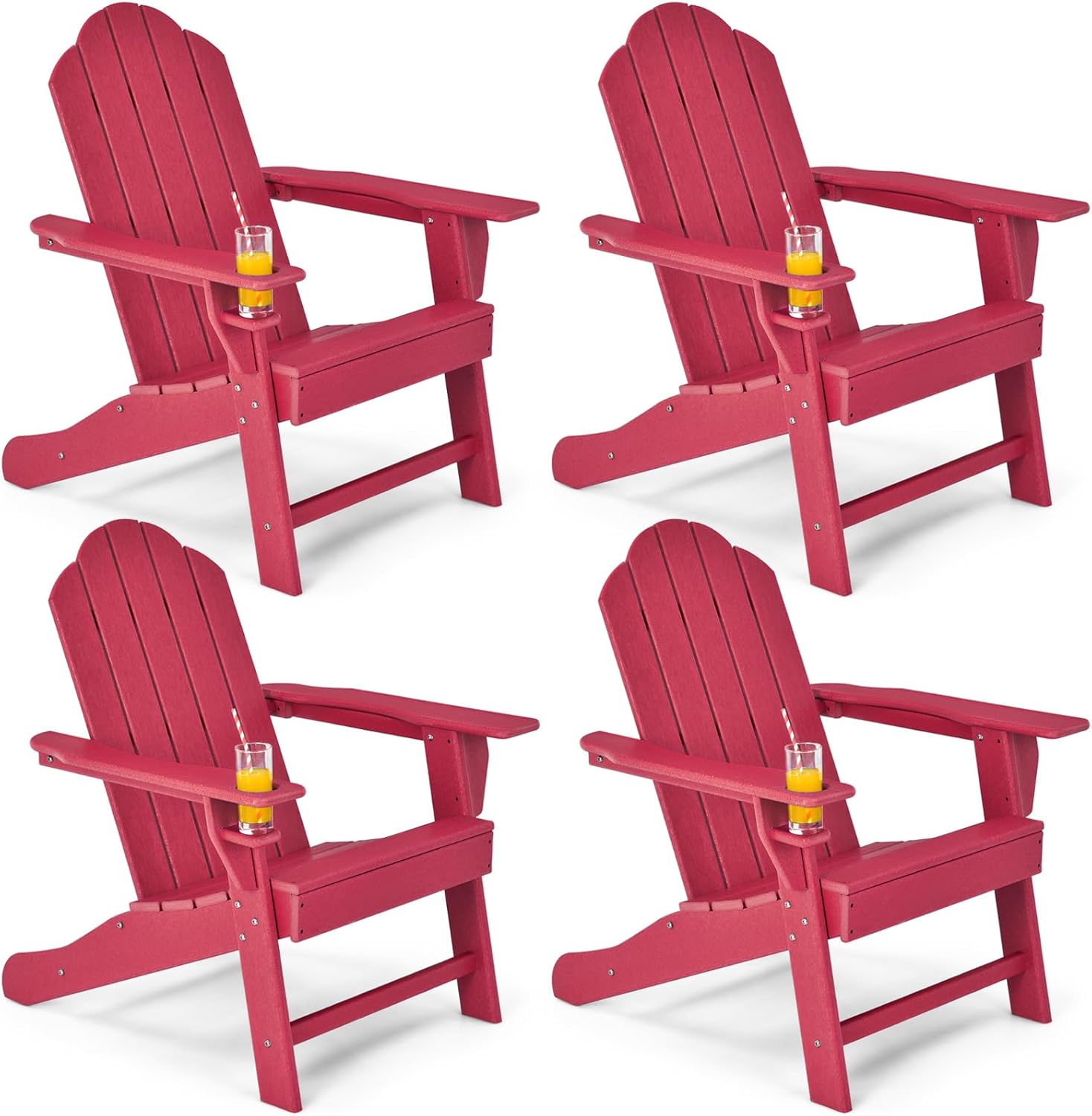 Giantex Adirondack Chair, HDPE All-Weather Patio Chair with Built-in Cup Holder, Outside Composite Chairs, Lawn Chair for Campfire, Deck, Garden, Yard, Balcony, Outdoor Fire Pit Chairs (4, Red)