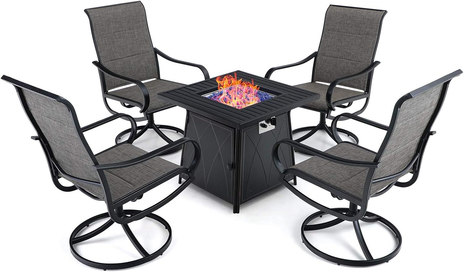 MFSTUDIO 5 Piece Outdoor Patio Conversation Furniture Fire Propane Pit Set，4 Textilene Quick Dry Foam Padded Swivel Chairs and 28 inch Steel Striped Square Fire Table for Patio, Porch, Backyard,Black