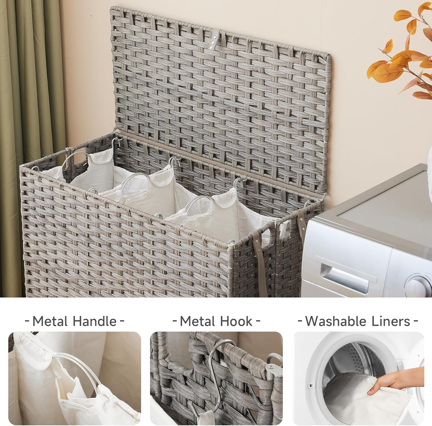 Laundry Hamper with Wheels, 52.8 Gallon(200L) Rolling Laundry Basket with Lid, 3-Section Rattan Clothes Hamper with 3 Removable Liner & 3 Mesh Bags, Laundry Sorter with Side Pocket, Grey