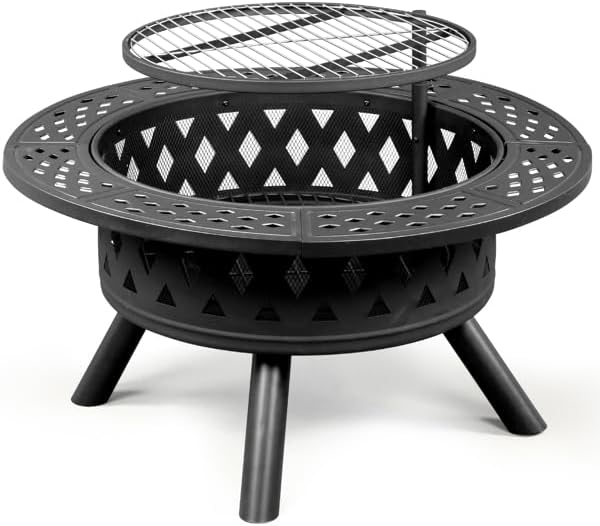 SwingIt 38 Inch Fire Pit with Grills, Large Outdoor Firepits for Outside, Wood Burning Fireplace for Camping,Picnic,Bonfire, 3-in-1 Round Metal Table with Lid for Backyard,Patio,Party