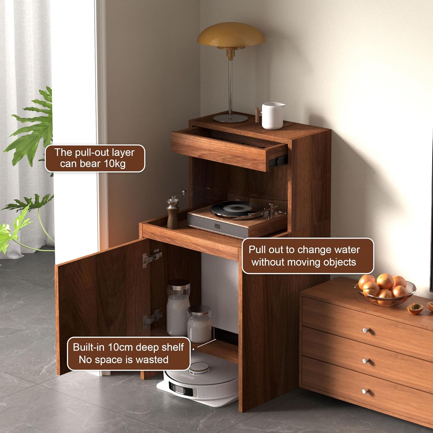 Robot Vacuum Hidden Cabinet with Doors and Drawers, Sweeping Robot Storage Organizer for Living Room, Bedroom, Kitchen, Solid Wood Structure, Easy Water Changing(Yellow)