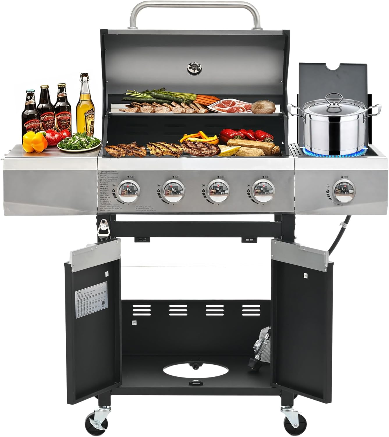 Livavege Outdoor BBQ Grill 4-Burner Propane Gas Grill with Side Burner & Cast Iron Grates - Stainless Steel 46,700 Btu Barbecue Grills for Patio, Cooking Kitchen, Backyard Garden (4+1)