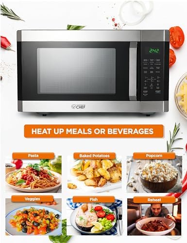 COMMERCIAL CHEF 1.6 Cubic Foot Microwave with 10 Power Levels, Small Microwave with Pull Handle Child Safety Lock, 1100 Watt Microwave with Digital Control Panels,Stainless Steel