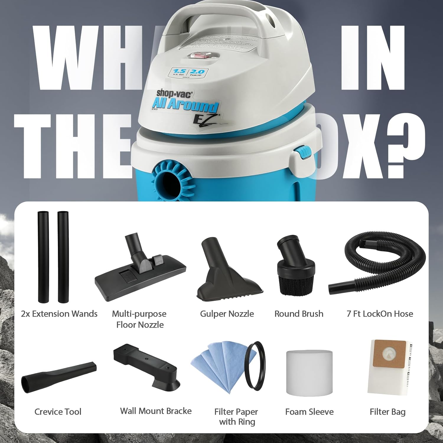 Shop-Vac 1.5 Gallon 2.0 Peak HP All Around EZ Wet/Dry Vacuum, Portable Compact Shop Vacuum, 3 in 1 Function with Wall Bracket & Multifunctional Attachments for Home, Apartment, Vehicles, 5895100