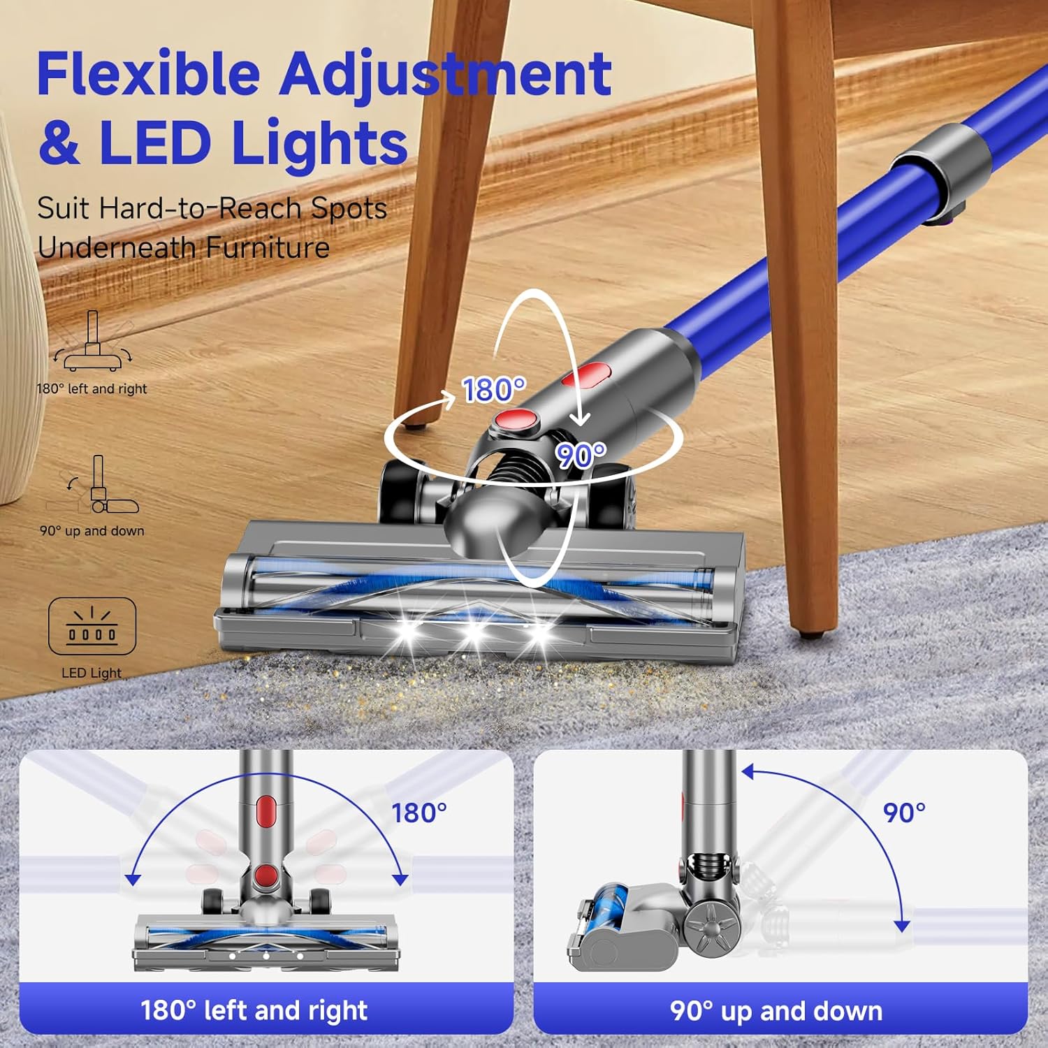 Cordless Vacuum Cleaner, 8 in 1 Powerful Stick Vacuum with 50Mins Rechargeable Battery, Vacuum Cleaners for Home Anti-Tangled Lightweight Handheld Vacuum for Hardwood Floor, Carpets, Pet Hair, Blue