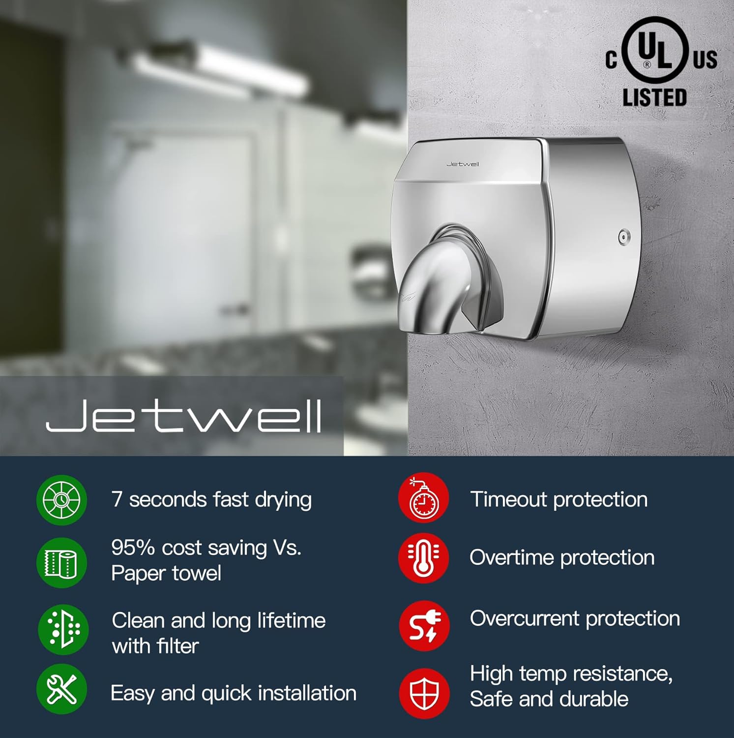 JETWELL Elegant Compact Commercial Hand Dryer, High Speed Automatic Warm Wind, Hardwired Stainless Steel Cover, AC110V-130V JW2830