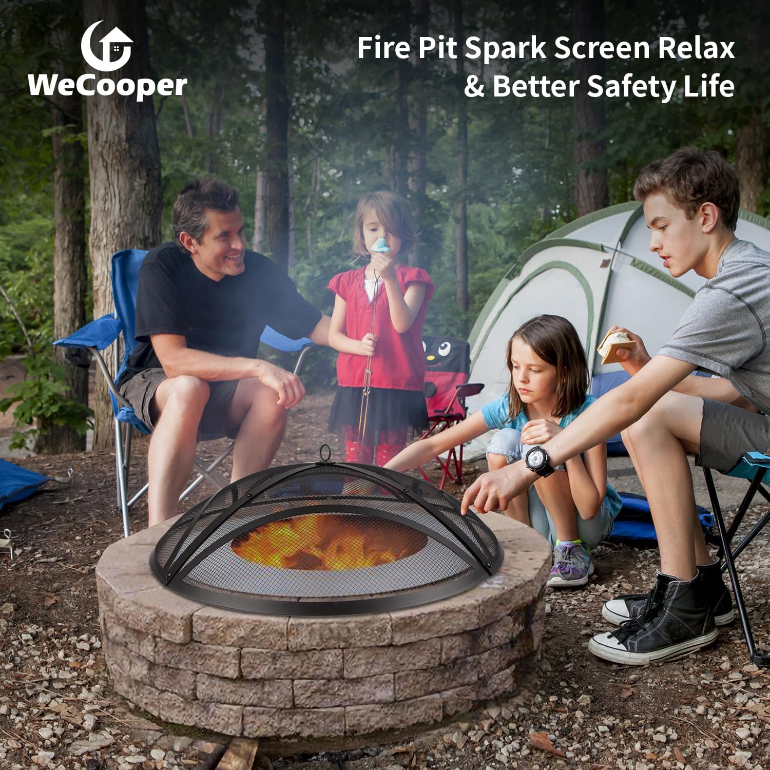 WeCooper 32In Reinforced Steel Round Fire Pit Screen Cover,Outdoor Patio FirePit Spark Screens,Heavy Duty Steel Mesh Fire Pit Ember Lid with Handle…