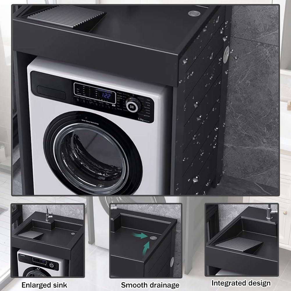 2-in-1 Washing Machine Cabinet, Sturdy Vertical Washing Machine Stand, Balcony Washing Machine Cabinet with Sink, Space-Saving Washing Machine Cabinet for Room Storage,70x65cm