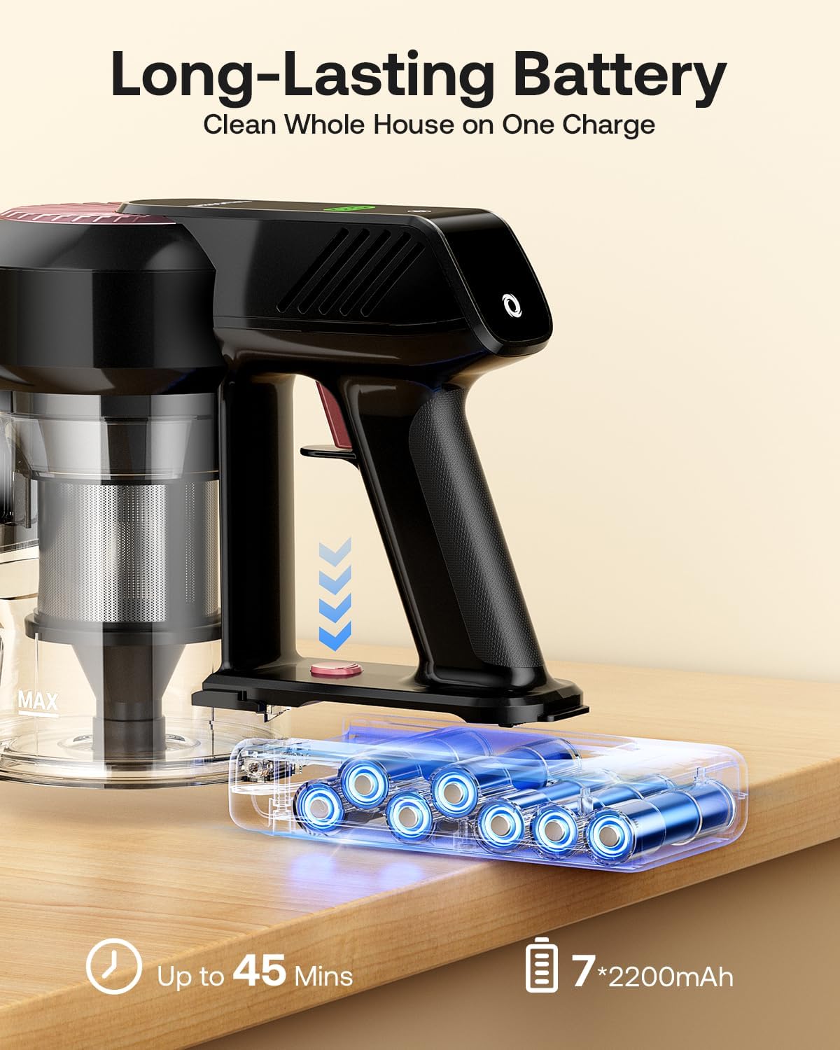 Cordless Vacuum Cleaner, Self-Standing 40Kpa 45Mins Vacuum Cleaners for Home, 8-in-1 Lightweight Stick Vacuum with Anti-tangle Wireless Vacuum for Carpet, Tile, Pet Hair, Hardwood Floors, Black