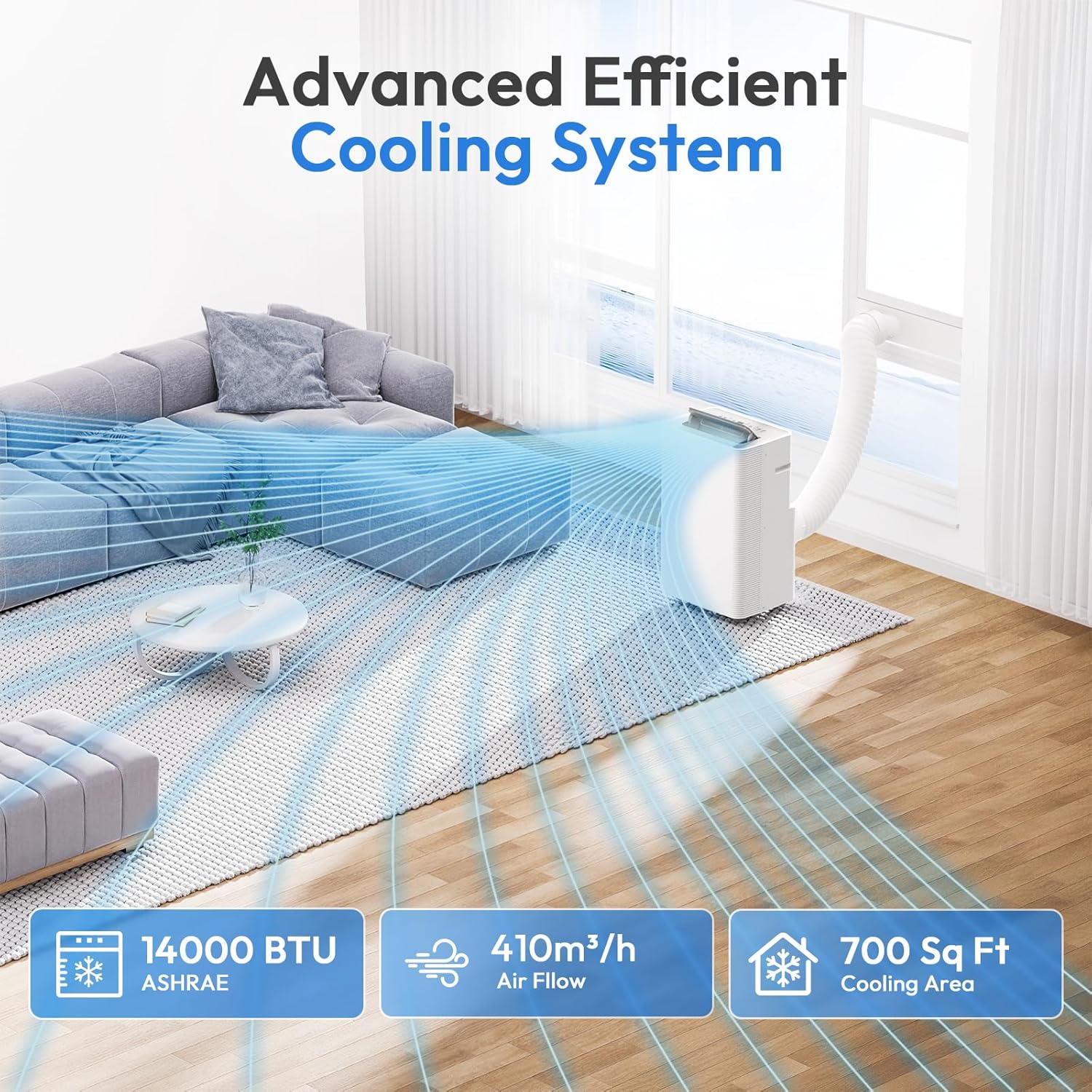 14000 BTU Portable Air Conditioner, 4-in-1 Portable AC Unit with Cooling, Dehumidifying, Fan, w/Sleep Mode, Auto Wind Swing, 24H Timer, LED Display, with Window Kit, Easy Installation & Energy Saving