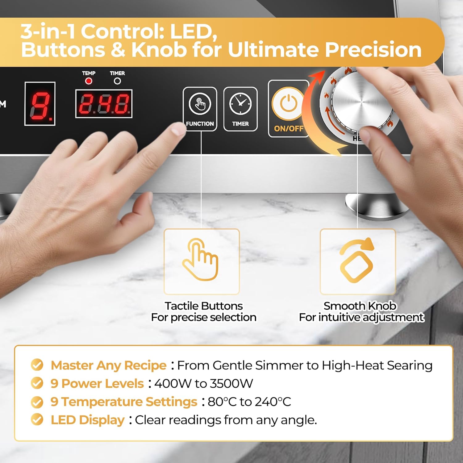 Commercial Induction Cooktop 3500W/220V, Professional Portable Countertop Burner, 9 Power/Temp Levels Dual Cooling Fans IPX4 Waterproof 72H Continuous Use, Overheat Protection