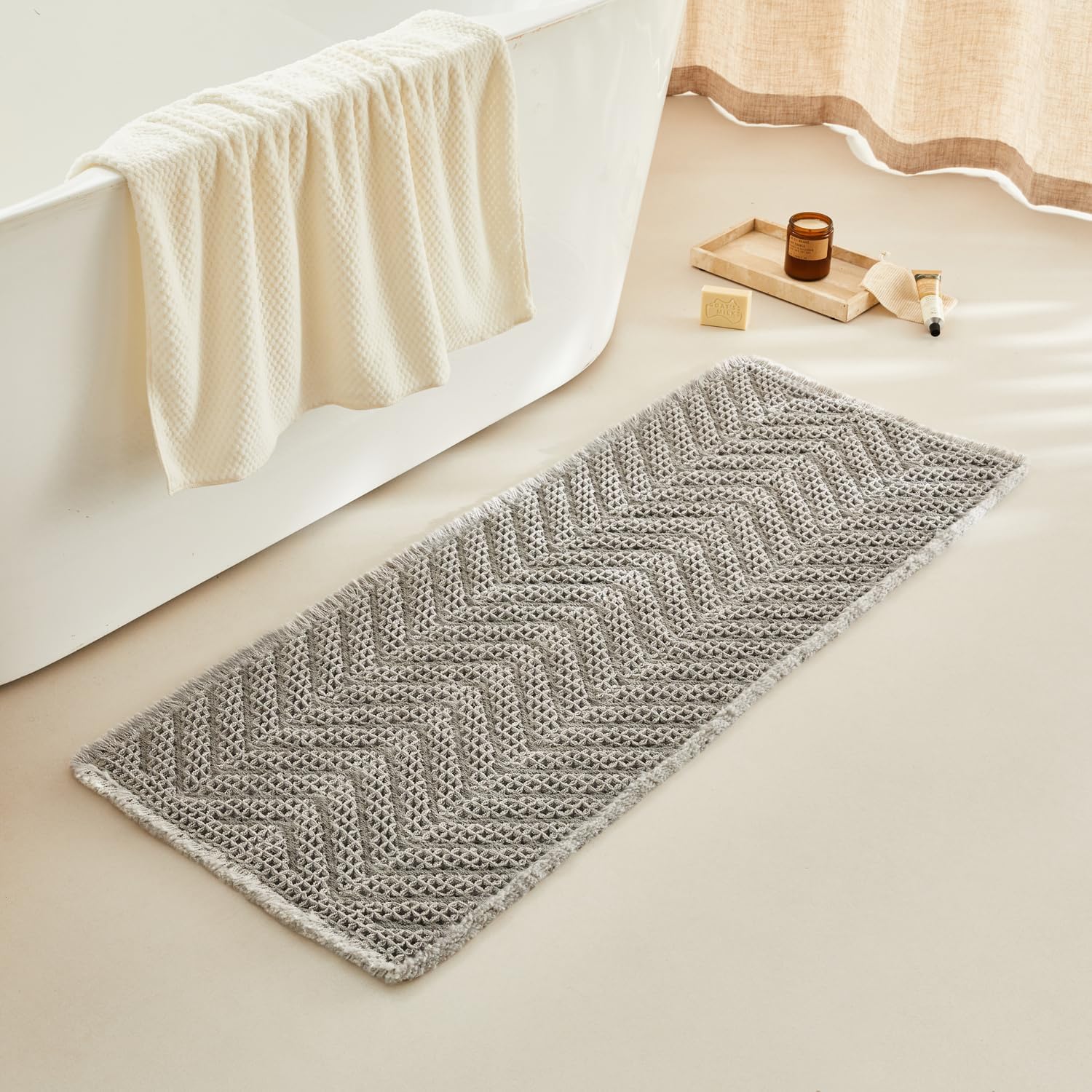 Bathroom Runner Rug Super Absorbent Non Slip Long Bath Mat Machine Washable Boho Bathroom Rugs Quick Dry Rug Runners for Hallway Bedroom Laundry Room,Grey, 2'x 6'(24