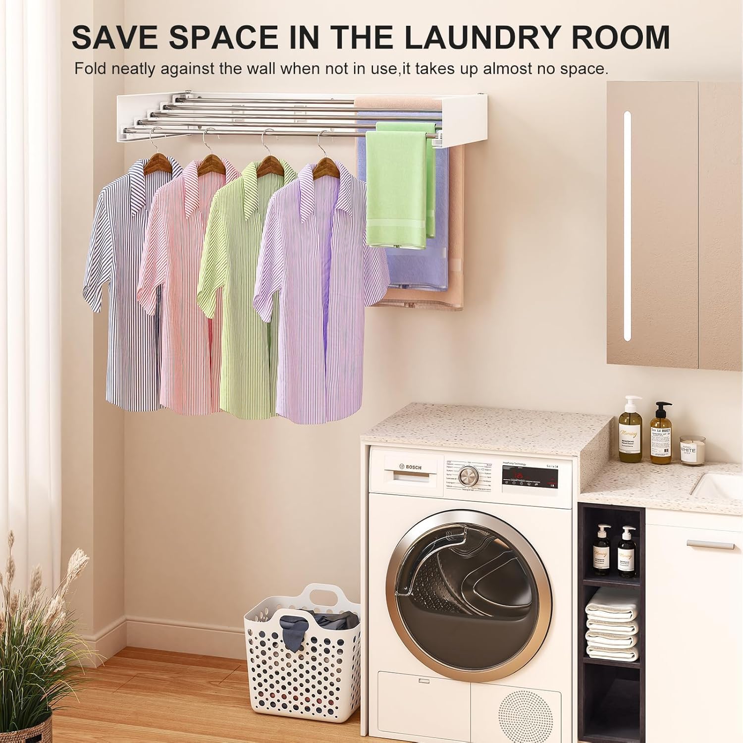 Wall Mounted Drying Rack 31.5 Inch, Laundry Clothes Drying Rack Foldable , Space Saving Collapsible Drying Rack Clothing Wall Mount with Wall Template, 5 Stainless Steel Rods, 60 lb Capacity (White)