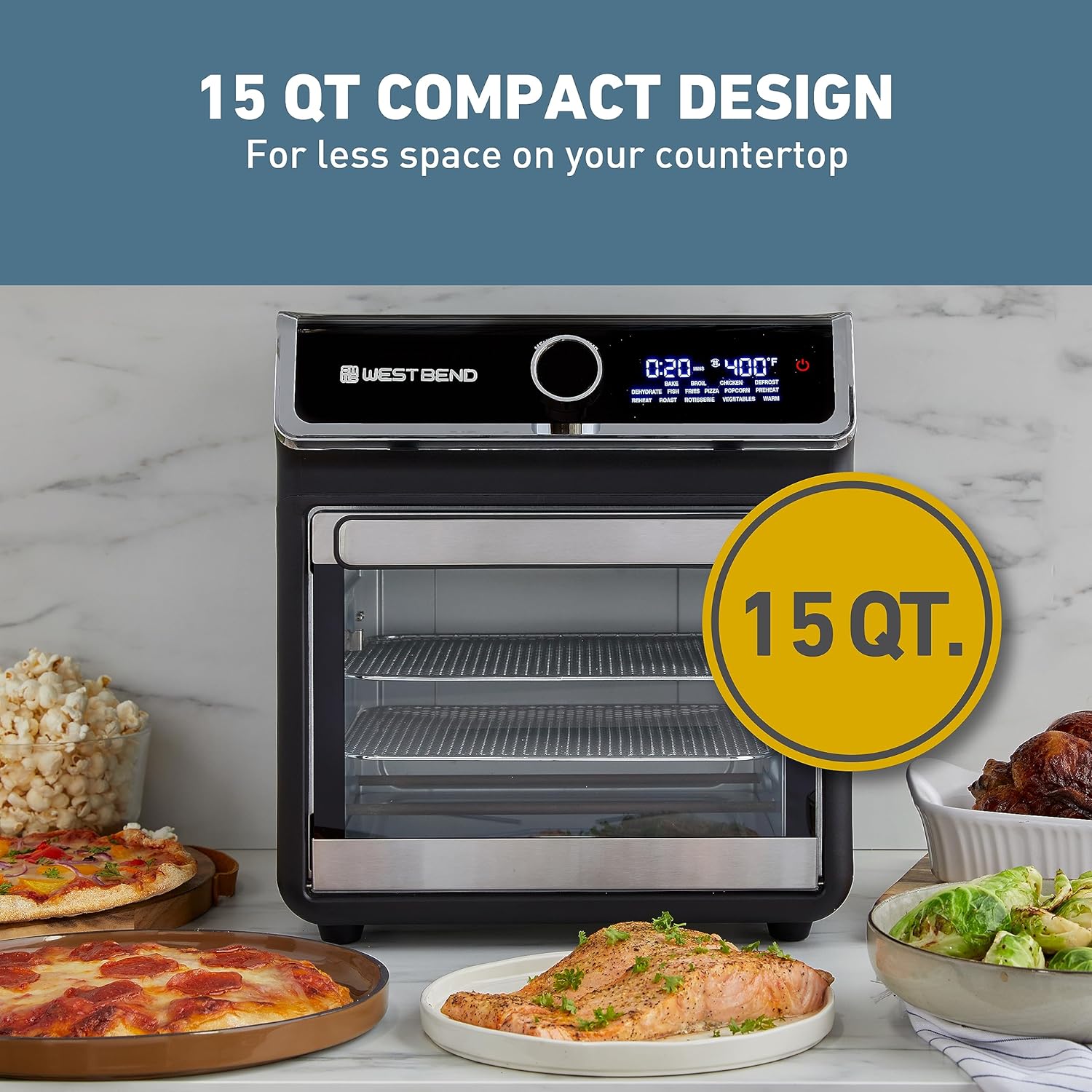 West Bend Air Fryer Oven 15-Quart Capacity with Digital Controls Easy-View Door and 16 Cooking Presets, Includes Eight Cooking Accessories, 1000-Watts, Black