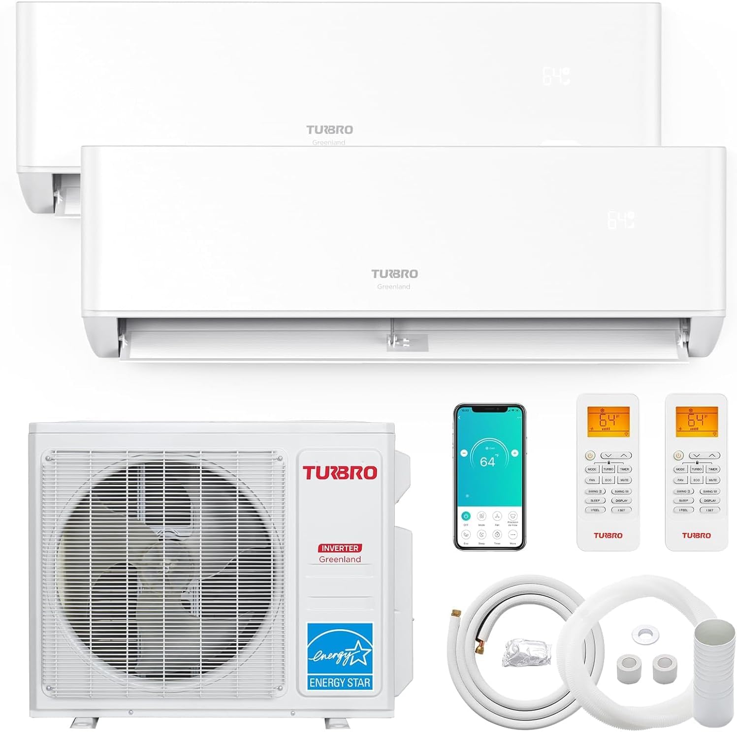 TURBRO 18,000 BTU Dual Zones Mini Split AC/Heating System, 24 SEER2, R454B, Ductless 2 Zones Inverter Mini Split Air Conditioner with Heat Pump, WiFi Enabled, Greenland (9K+12K), 230V