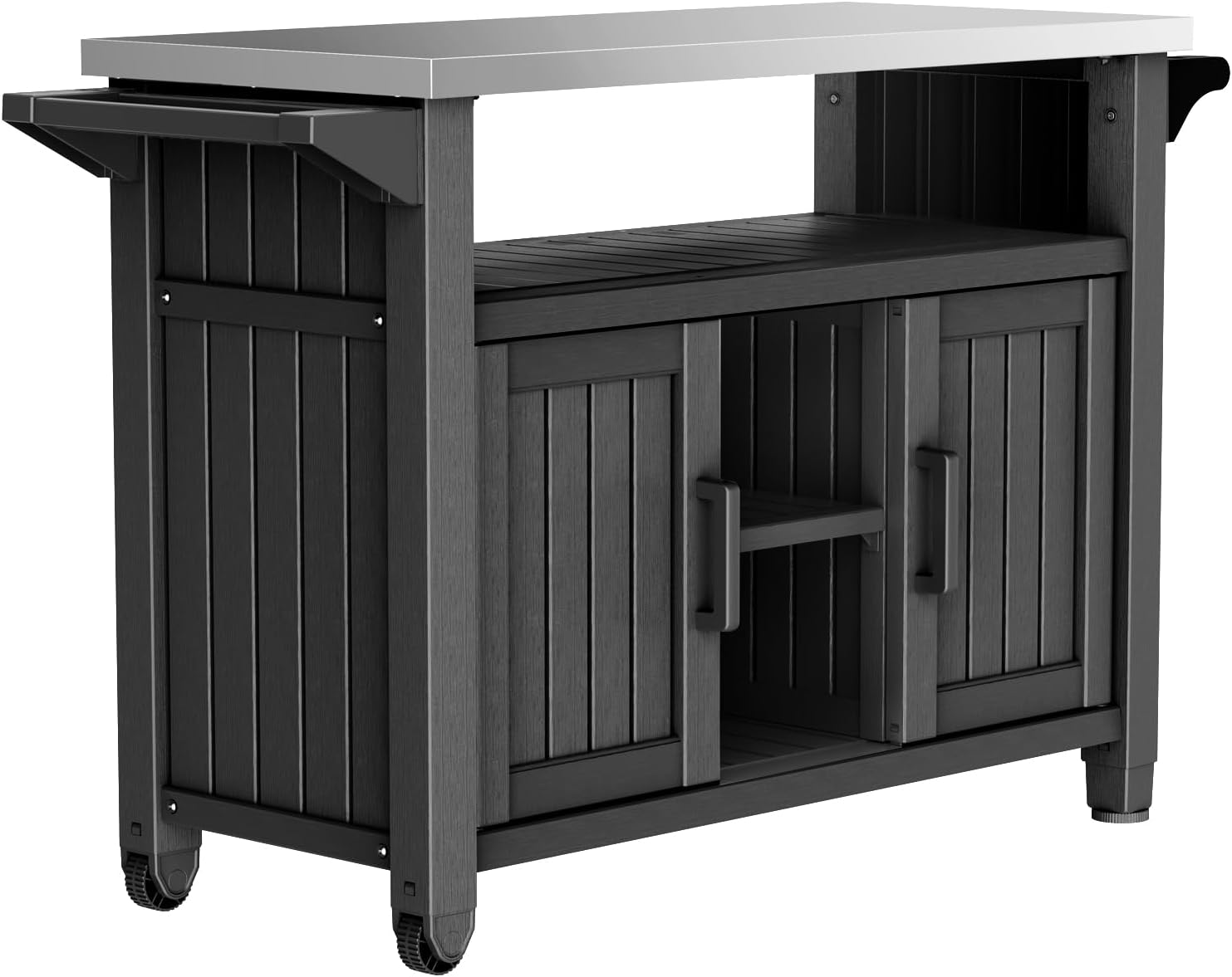 Portable Outdoor Prep Table with Stainless Steel Top – Rolling Storage Cabinet for Patio, BBQ, and Backyard Cooking (Black)