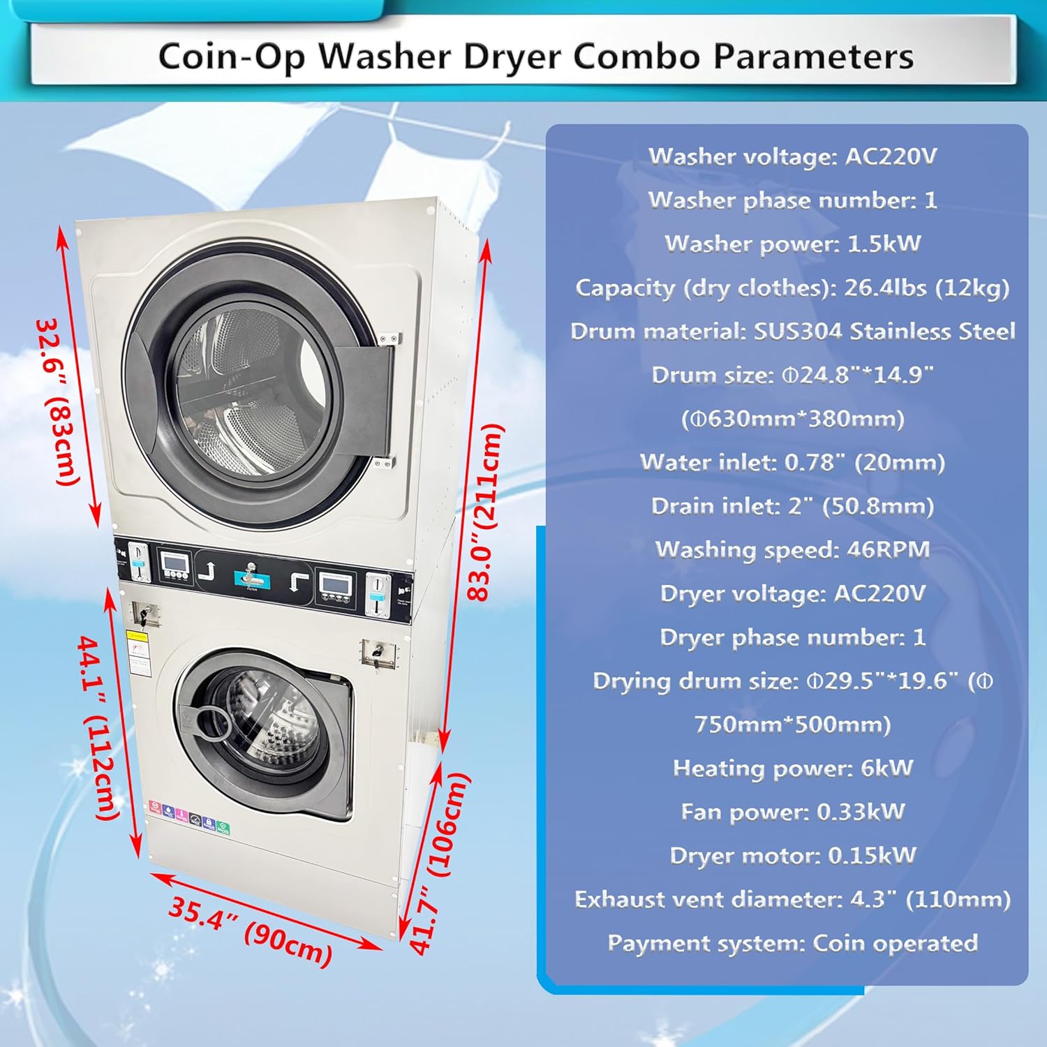 INTSUPERMAI Coin-Op Washer Dryer Combo 26.4lbs Washer Dryer Combo Automatic Laundry Washer Spinner Dryer Machine 304 Stainless Steel Drum, Front-Load & Top Vent for Laundromats/Apartments/Gyms 220V
