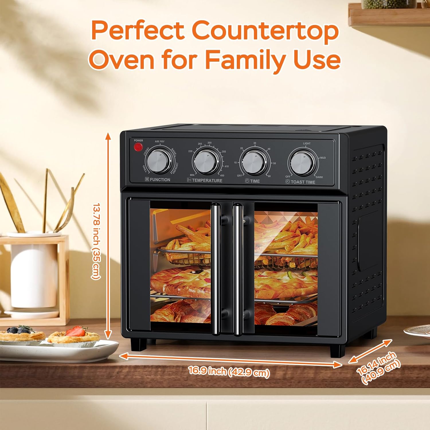 PlumChef 29.5QT Large capacity French Double-Door Air Fryer Convection Toaster Oven,1700W, 7 Preset Menus, 7-in-1 Multi-Function for Bake, Roast, Grill, Toast, Dehydrate& Defrost,Stainless Steel,Black