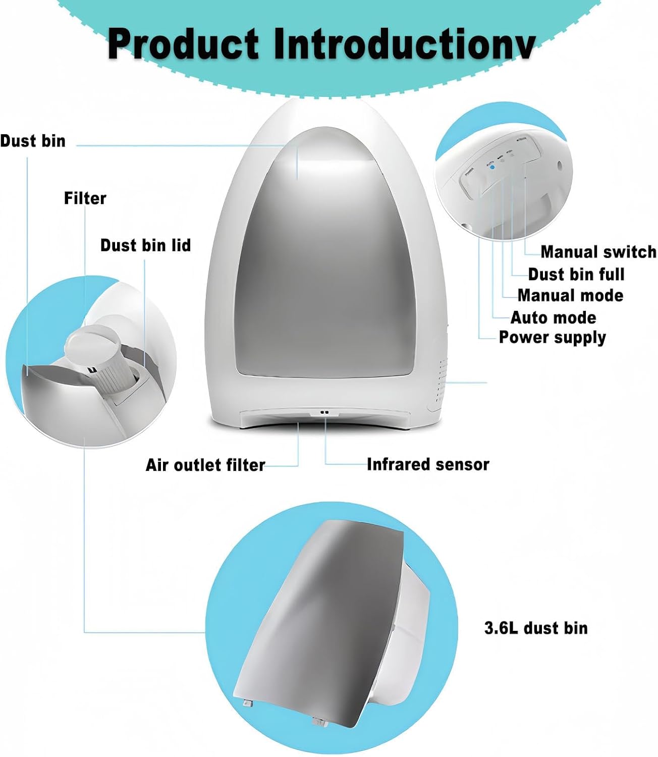 Stationary Touchless Vacuum Cleaner, 1000w Hair Salon Vacuum Cleaner with 3.6l Dust Box, Corded Canister Vacuum Cleaner, for Sweeping Pet Hair White