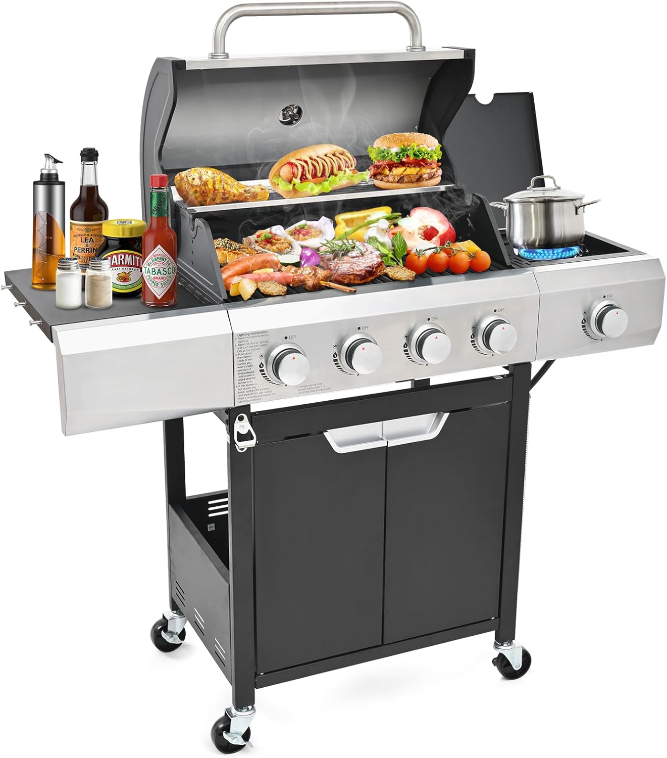 4-Burner Propane Gas BBQ Grill with Side Burner & Warming Rack, Stainless Steel Gas Grill with 51,000 BTUs Output for Outdoor,Camping,Barbecue Grilling & Backyard Cooking,Black and Silver