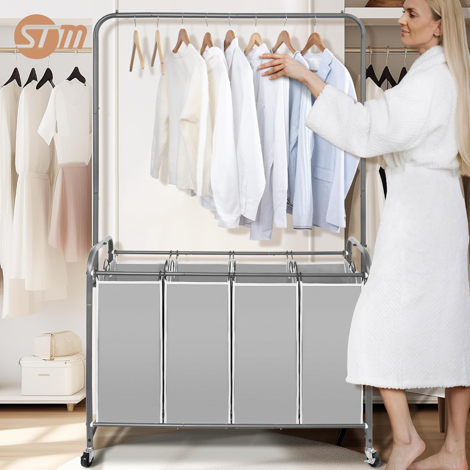 STORAGE MANIAC Laundry Sorter with Hanging Bar, Portable, Removable Laundry Hamper Cart with Heavy Duty Rolling Lockable Wheels and Removable Bags, Rolling Laundry Basket Organizer 181L, 4 Section