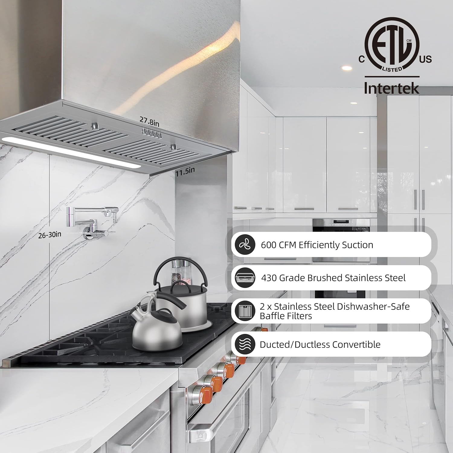 FIREGAS Range Hood Insert 30 inch, 600 CFM Ducted/Ductless Convertible Kitchen Hood with LED Light, Built-in Vent Hood with 3 Speed Exhaust Fan, Baffle Filters, Stove Hood with Carbon Filters