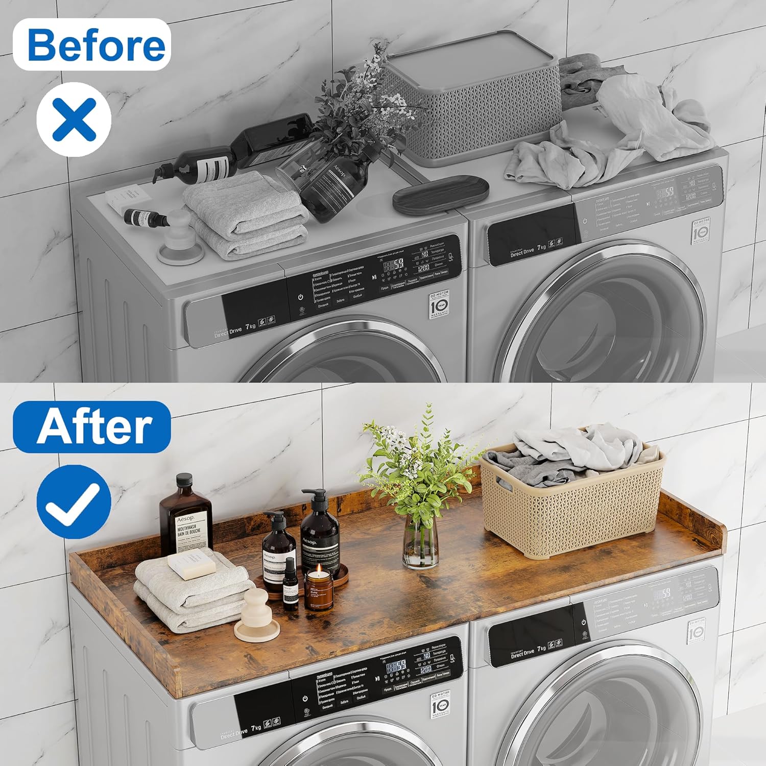 efluky Washer Dryer Countertop, Wood Countertop with Edge Rails for Laundry Room Organization and Storage, Washer Dryer Topper for Laundry Room, 27.5