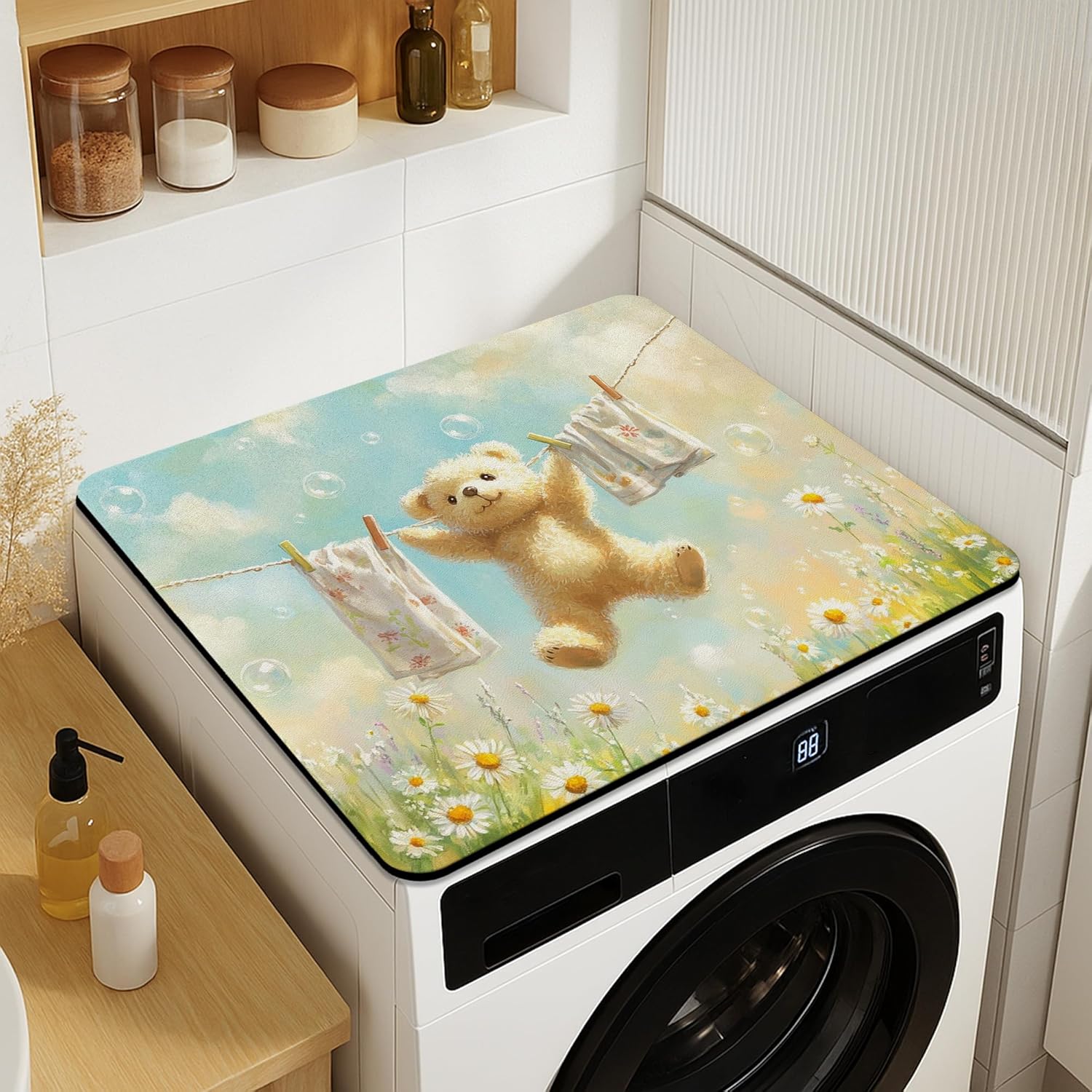 Cute Bear Washer Dryer Top Protector Mat, Fanciful Soft Toy Laundry Machine Dust Covers, Floral Rubber Anti-slip Waterproof Washer And Dryer Mats for Laundry Room 20x24 Inch